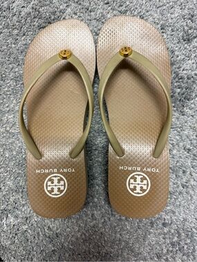 Tory Burch tan Strappy platform Flip Flops
